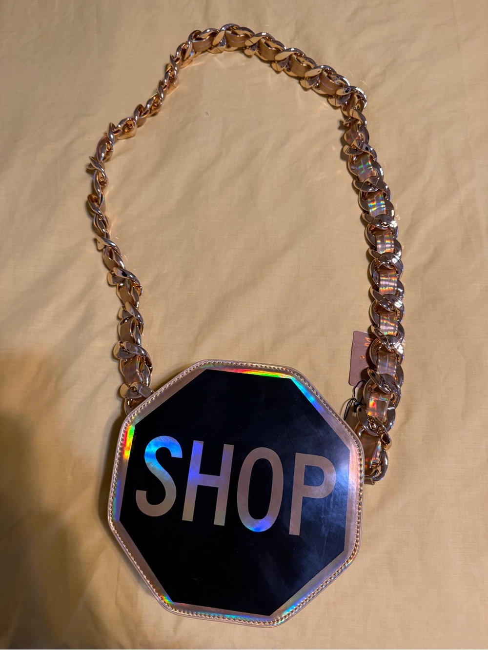 Holographic 'SHOP' Octagon Crossbody Necklace Bag  Hello 3am Bag” Gold Chain New